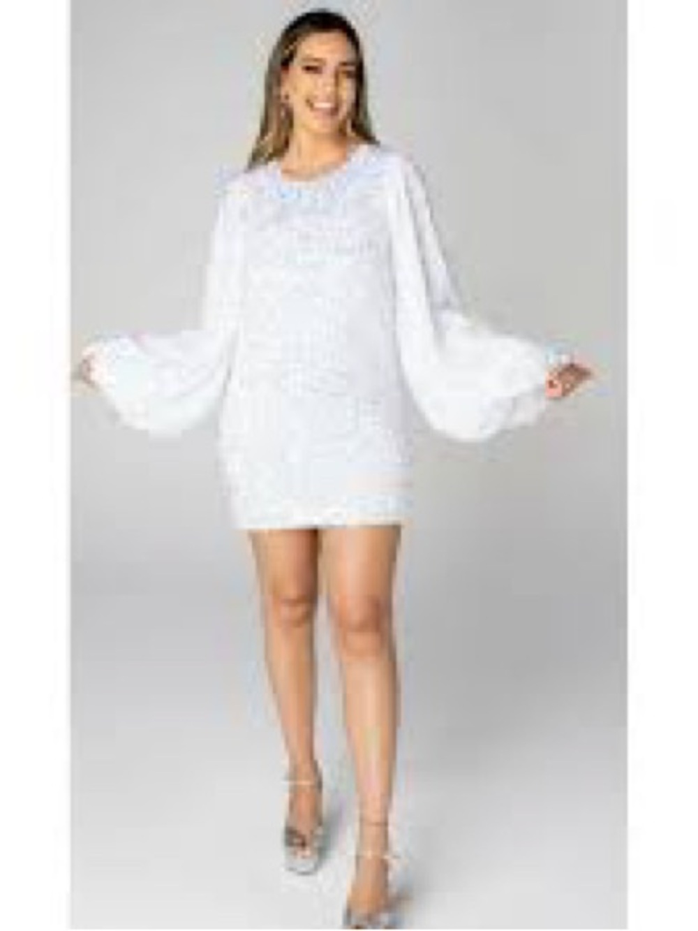 Buddy Love White Sequin Mini Dress with Balloon Sleeves